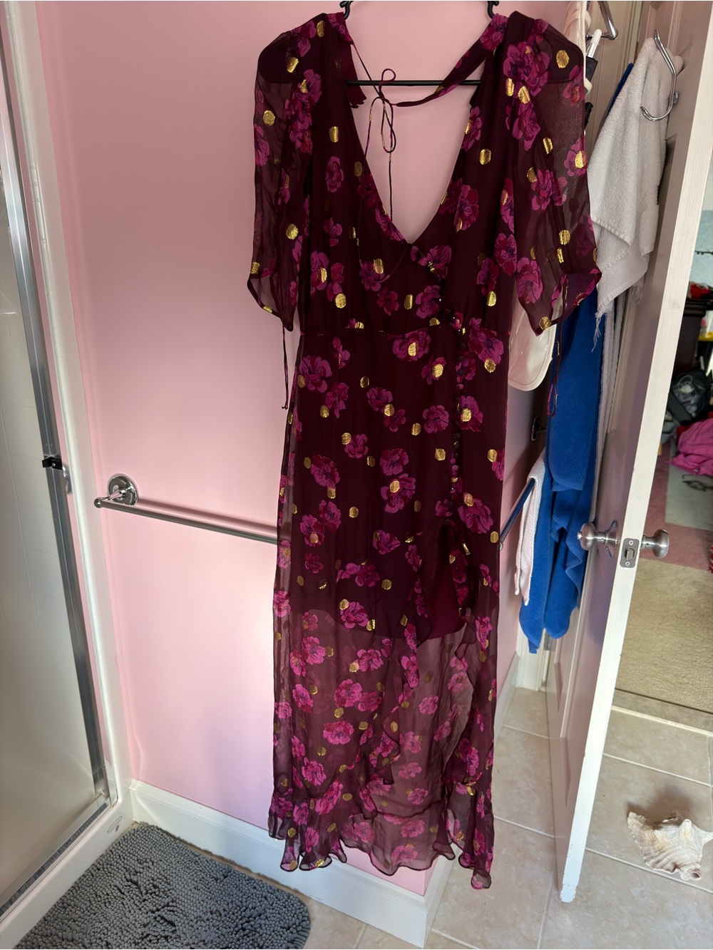 For Love & Lemons Wine Floral Maxi Dress with Pink Rose and Gold Foil